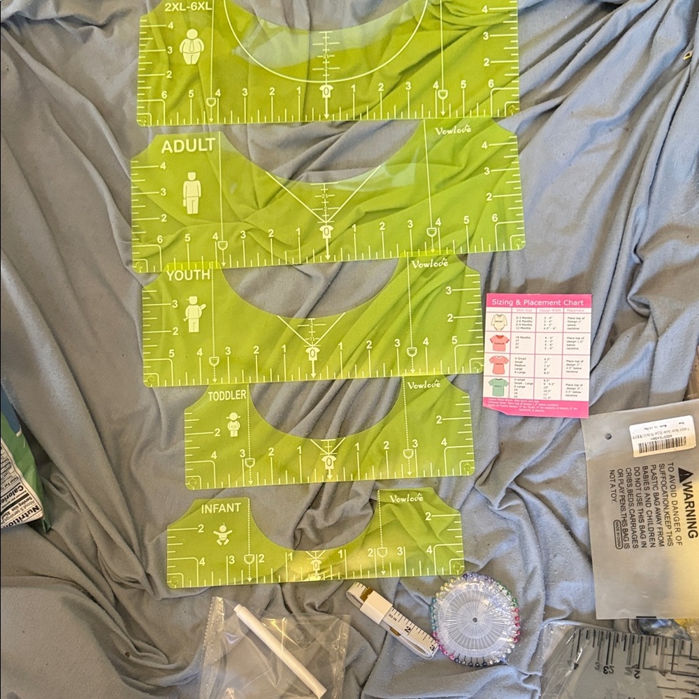 Neon Green Sewing/heat press Tshirt Placement Guides with Multicolor Pins